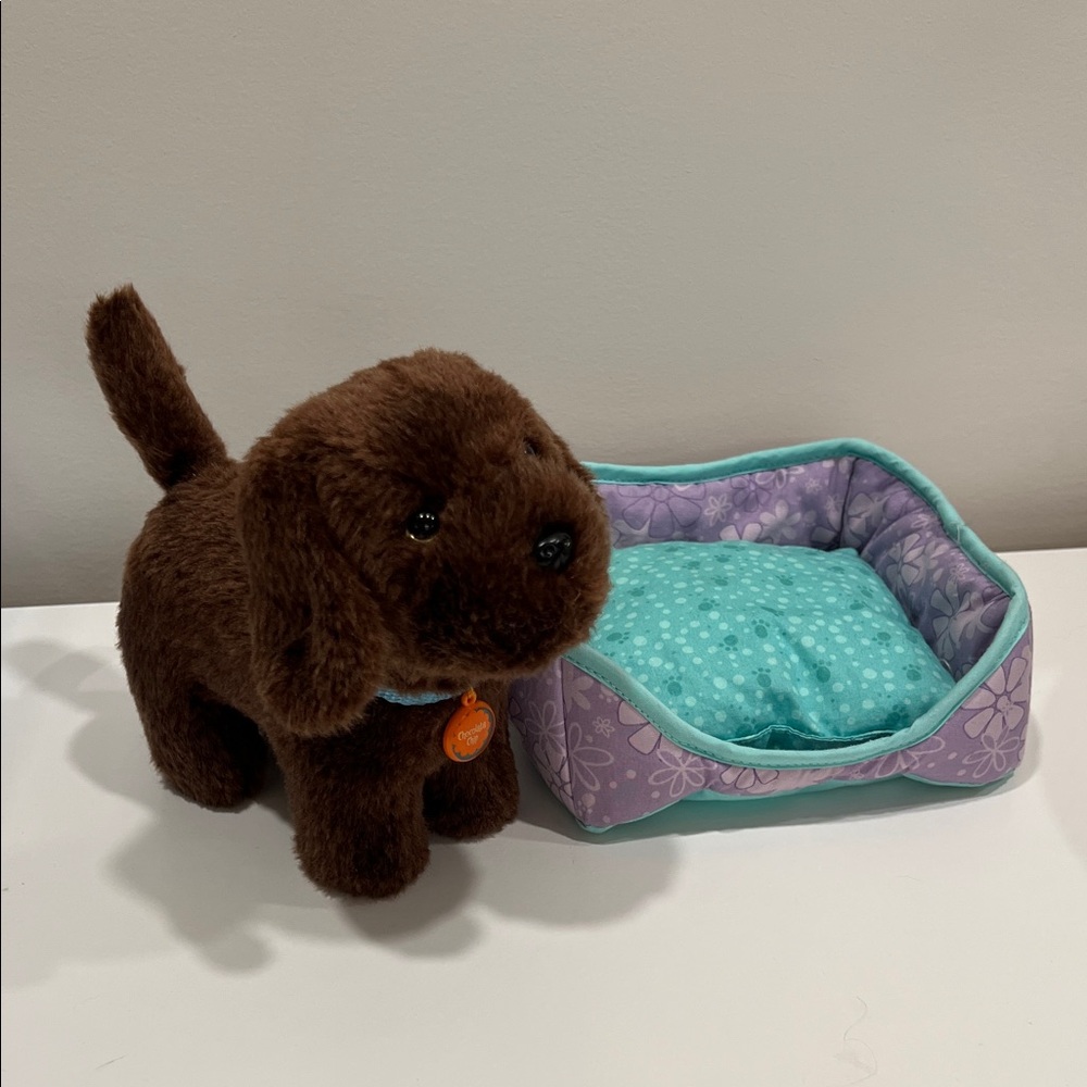 American Girl Brown Plush Dog with Teal and Purple Bed